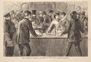 Mevrouw Woodhull die haar stemrecht opeist, gravure uit Harper