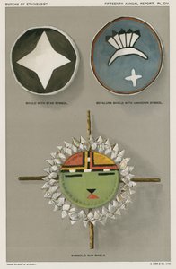 Inheemse Amerikaanse schilden - schild met stersymbool, Soyaluna schild met onbekend symbool, symbolisch zonneschild door American School