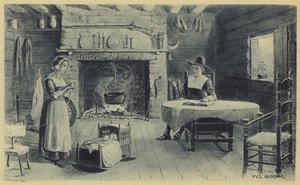 Pioniershuis in New England (litho)