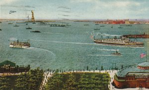 Haven van New York vanaf de Battery, met Vrijheidsbeeld en Ellis Island, ca. 1910 door American School
