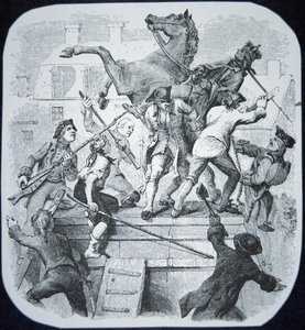 New York rebellen trekken het standbeeld van de gehate George III van Engeland omver door American School