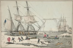 Noordzee Walvisvangst, uitgegeven 1860 (kleur litho) door American School