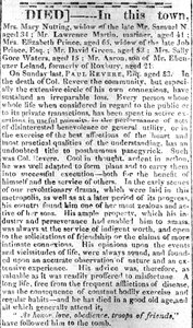 Overlijdenspagina uit de Boston Intelligencer, 16 mei 1818