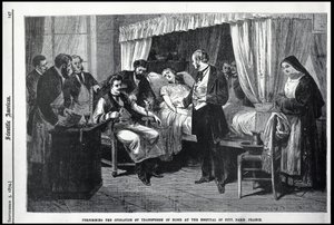 Uitvoering van de Bloedtransfusie in het Pitié-ziekenhuis, Parijs, Frankrijk, illustratie uit de American Scientist door American School