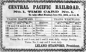 Fotografische afdruk van de originele dienstregeling van de Central Pacific Railroad Company voor 6 juni 1864, 1864