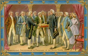 Ansichtkaart met de presidentiële inauguratie van George Washington (prent)