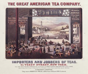 Poster die The Great American Tea Company adverteert, importeurs en groothandelaren van thee door American School