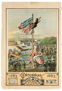 Poster die de honderdjarige herdenking van de evacuatie van New York door de Britten op 25 november 1783 adverteert, 1883