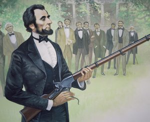 President Abraham Lincoln test het Spencer zeven-schots repeteergeweer in augustus 1863 (kleur litho)