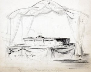 President Abraham Lincolns kist opgebaard in het Witte Huis, Washington D.C., april 1865 door American School