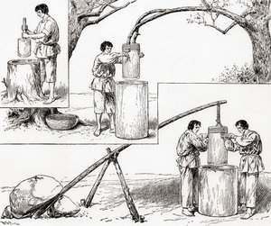 Primitieve manieren van het malen van graan, uit 