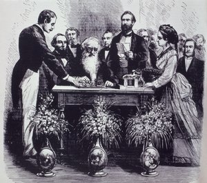 Professor Samuel Finley Breese Morse (1791-1872) legt de werking van zijn uitvinding uit door American School