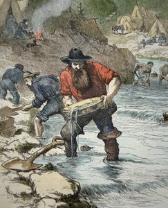 Goudzoekers die goud pannen tijdens de Californische Gold Rush van 1849