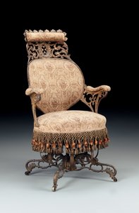 Rococo Revival geschilderde en vergulde gietijzeren centripetale fauteuil, vervaardigd door de American Chair Company, New York, ca. 1850