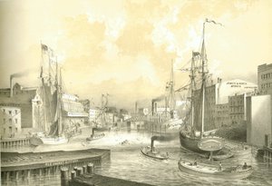 Rush Street Bridge, uitzicht vanaf State Street, uit Chicago Illustrated, met literaire beschrijvingen door James W. Sheahan, uitgegeven door Jevne & Almini, Chicago, 1866-67 door American School