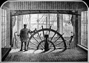Stoombootpiloot in de stuurhut, c.1870