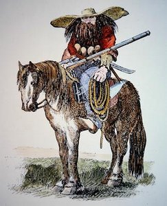 Texas Ranger cartoon, die het stedelijke oostelijke beeld van de wilde en harige Ranger toont door American School