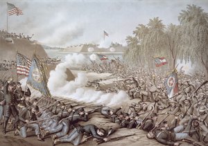 De Slag om Corinth, 3-4 oktober 1862, met vlaggen van Noord en Zuid, door Kurz & Allison door American School