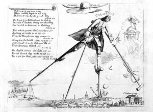De kolos, karikatuur van de intrekking van de Zegelwet, ca. 1765