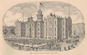 Het Gerechtsgebouw voor de Brand, gedrukt door Moss Engraving Co., New York, illustratie uit History of Chicago vol. 2 door Alfred Theodore Andreas, gepubliceerd 1885 door American School