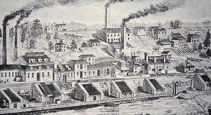 De Du Pont Kruitfabriek, aan de Brandywine-rivier (lijngravure) door American School