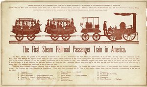 De eerste stoomtrein voor passagiers in Amerika, gepubliceerd ca. 1870 (kleur houtsnede) door American School