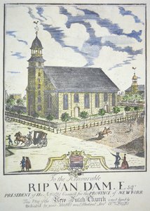 De Nieuwe Nederlands Hervormde Kerk, gebouwd op de hoek van Nassau en Liberty straten, New York City, in 1731 door American School
