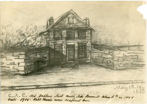De oude schuldenaarsgevangenis, kant van Prune St. onder 6th, illustratie uit het Castner Scrapbook, 1858