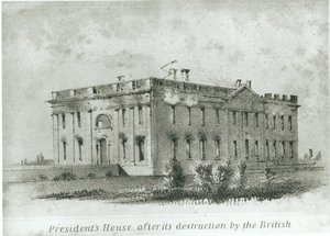 Het huis van de president na de vernietiging door de Britten, uit Watterson