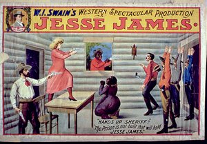 De gevangenis is niet gebouwd die Jesse James zal vasthouden, advertentie voor W. I. Swains spectaculaire productie van Jesse James door American School