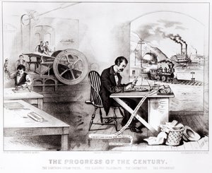 De Vooruitgang van de Eeuw: De Bliksem Stoompers, de Elektrische Telegraaf, de Locomotief en de Stoomboot, uitgegeven door Currier & Ives, 1876 door American School