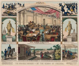 De ketting gebroken - Door de Genius van Vrijheid, ca. 1860-1879 (kleur litho)
