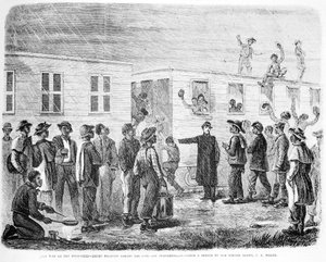 De oorlog op de Mississippi. Negerrekruten stappen in de trein naar Murfreesboro, uit Frank Leslies Illustrated Newspaper, mei 1864 door American School