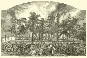 De relschoppers branden het Colored Orphan Asylum, hoek van Fifth Avenue en Forty-Sixth Street, New York City, juli 1863 door American School