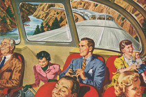 Reizigers genieten van een futuristische treinreis