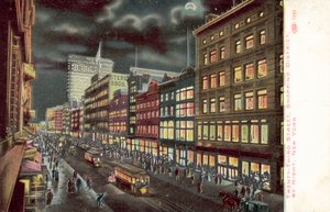 Twenty-Third Street winkelgebied, New York, bij nacht (kleurenlitho) door American School