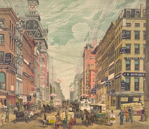 Vintage uitzicht op Broadway in New York City, ca. 1880