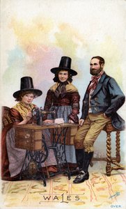 Welshe familie gegroepeerd rond een Singer naaimachine, ca. 1893