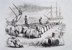 Walvisjagers meten olie in vaten, uit The American Whale Fishery, ca. 1850 door American School