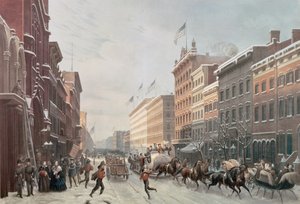 Winterscène op Broadway, New York, 1857