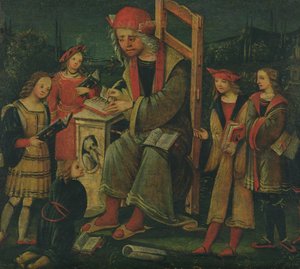 Sint-Cassianus in zijn stoel, omringd door zijn studenten