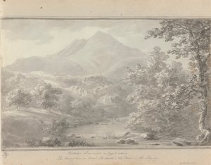 Uitzichten in Engeland, Schotland en Wales: Tussen Llanrwst en Capel Cerrig, de berg is Moel Shiabod, de rivier is Lligwy door Amos Green