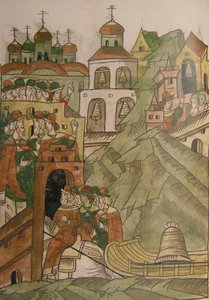 De bel van de volksvergadering zal niet meer luiden in Novgorod Uit de Verlichte Samengestelde Chr door Ancient Russian Art