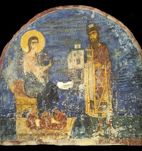 Grootvorst Jaroslav II Vsevolodovich met model van de Nereditsa-kerk voor Christus, 12e eeuw door Ancient Russian frescos