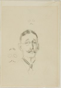 Hoofd van een man met bril met twee schetsen door Anders Zorn