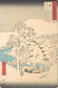 Fujikawa, Sanchu Yamanaka no Sato Miyajiyama, 7e maand Hare jaar 1855 door Ando Hiroshige