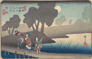 Maanverlichte nacht in Miyanokoshi, uit De Negenenzestig Stations van de Kisokaido, circa 1838