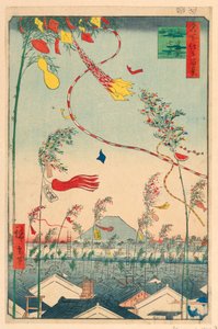 Welvarende stad met Tanabata-festival (Shichu han-ei, Tanabata matsuri) uit de serie Honderd Zichten op Edo door Ando Hiroshige