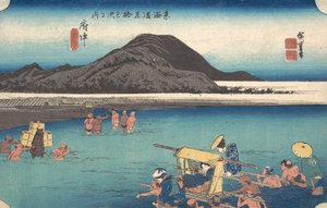 Reizigers die de Abe-rivier bij Fuchu doorwaden, ca. 1833-34