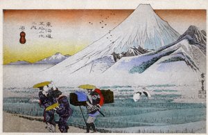 Geografie. Japan. Hara, Mount Fuji in de Ochtend (13e station). Houtsnede door Hiroshige in: Drieënvijftig Stations van de Tokaido (1833-1834). Ansichtkaart, Japan, c.1900 door Ando or Utagawa (after) Hiroshige